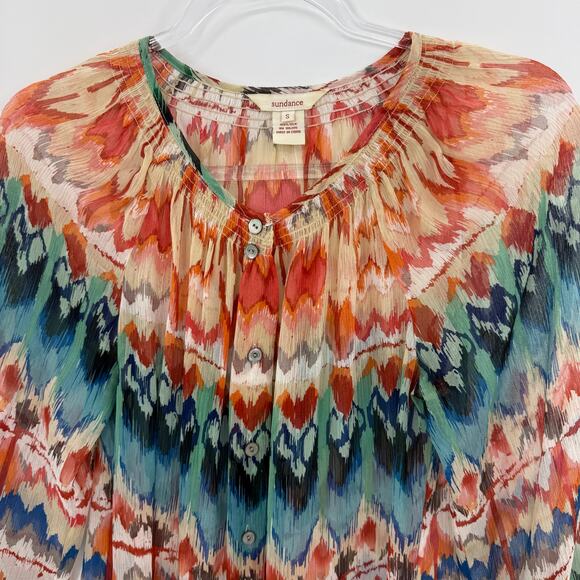 SUNDANCE Womens Silk Chiffon Sheer Blouse Size S Southwestern Print 3/4 Sleeve - Picture 2 of 8